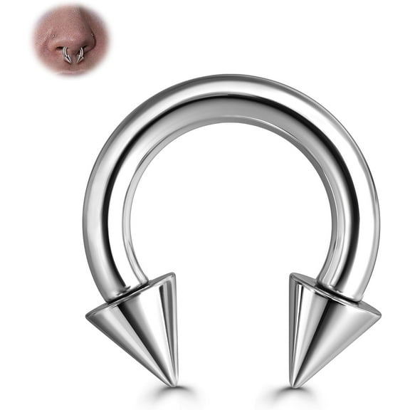 G23 Titanium Septum Rings 6G 8G 12G - Horseshoe Circular Barbell Spikes Stretched Pincher Nose Piercing Jewelry ASTM F136 Titanium Earrings for Women Men Silver 10 mm 12 mm