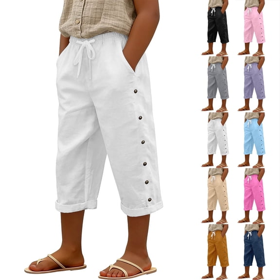 TGPMGRZ Linen Capri Pants for Girls Kids Fashion 2026 Button Side Elastic Waist Summer Beachwear White 3-4 Years