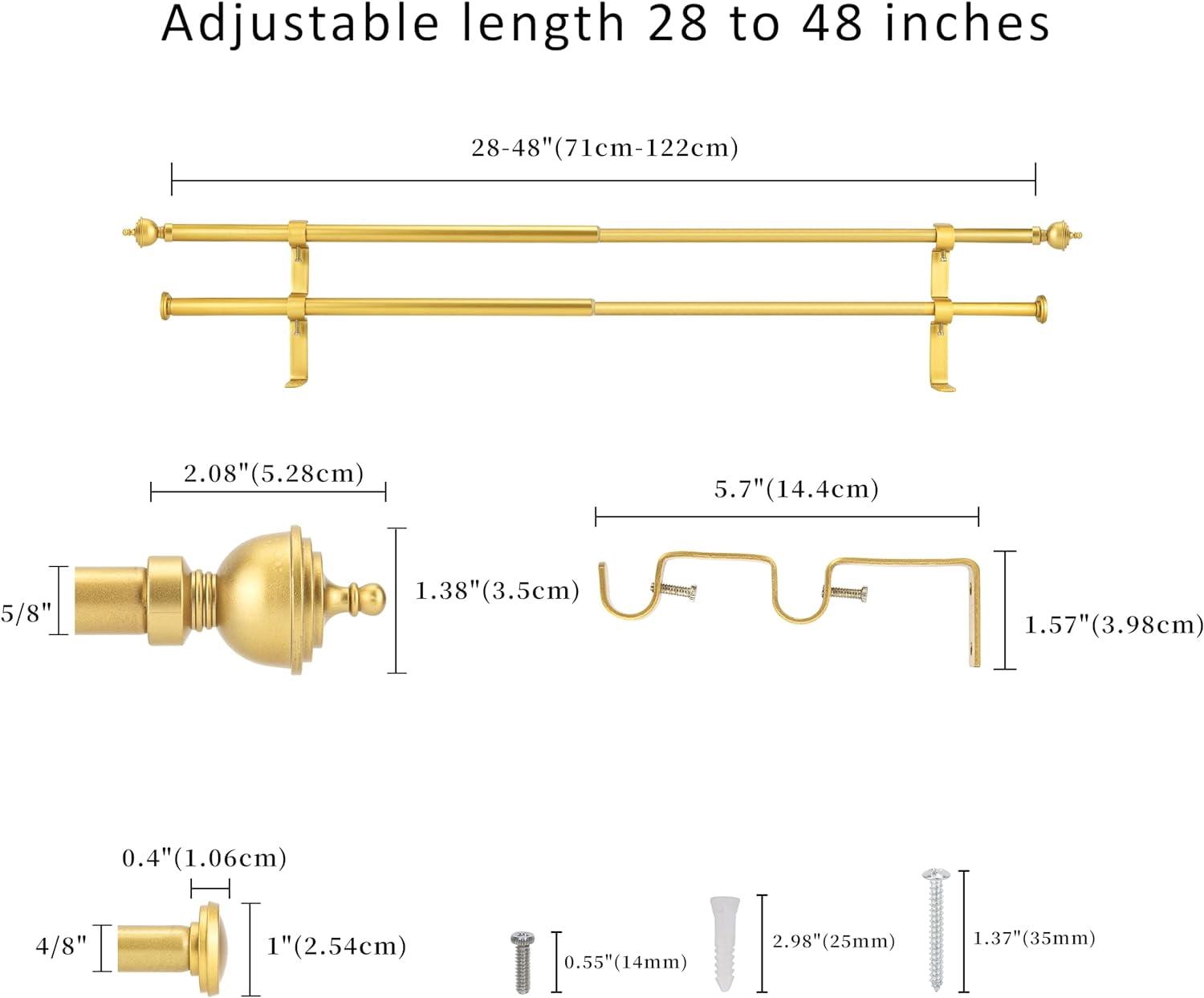eTeckram 5/8" Double Curtain Rod with Royale Finials,Gold,28‘’-48‘’