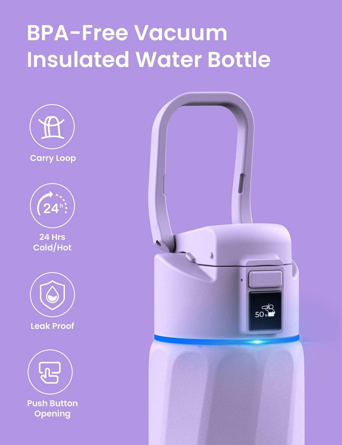 WaterH Boost Smart Water Bottle Reminder to Drink Water, 24oz Bpa-Free Stainless Steel Vacuum Insulated, Wide Mouth with App, for Gift
