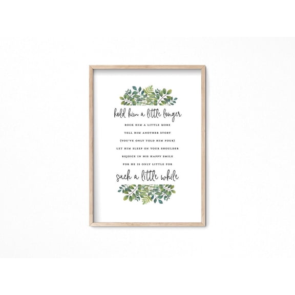Hold Him A Little Longer Baby Quote Art, Pale Green Boy Nursery Decor Wall Art, Baby Shower Boys Room Botanical Quote Art Home Decor #4044, Unframed Poster Size 8x12