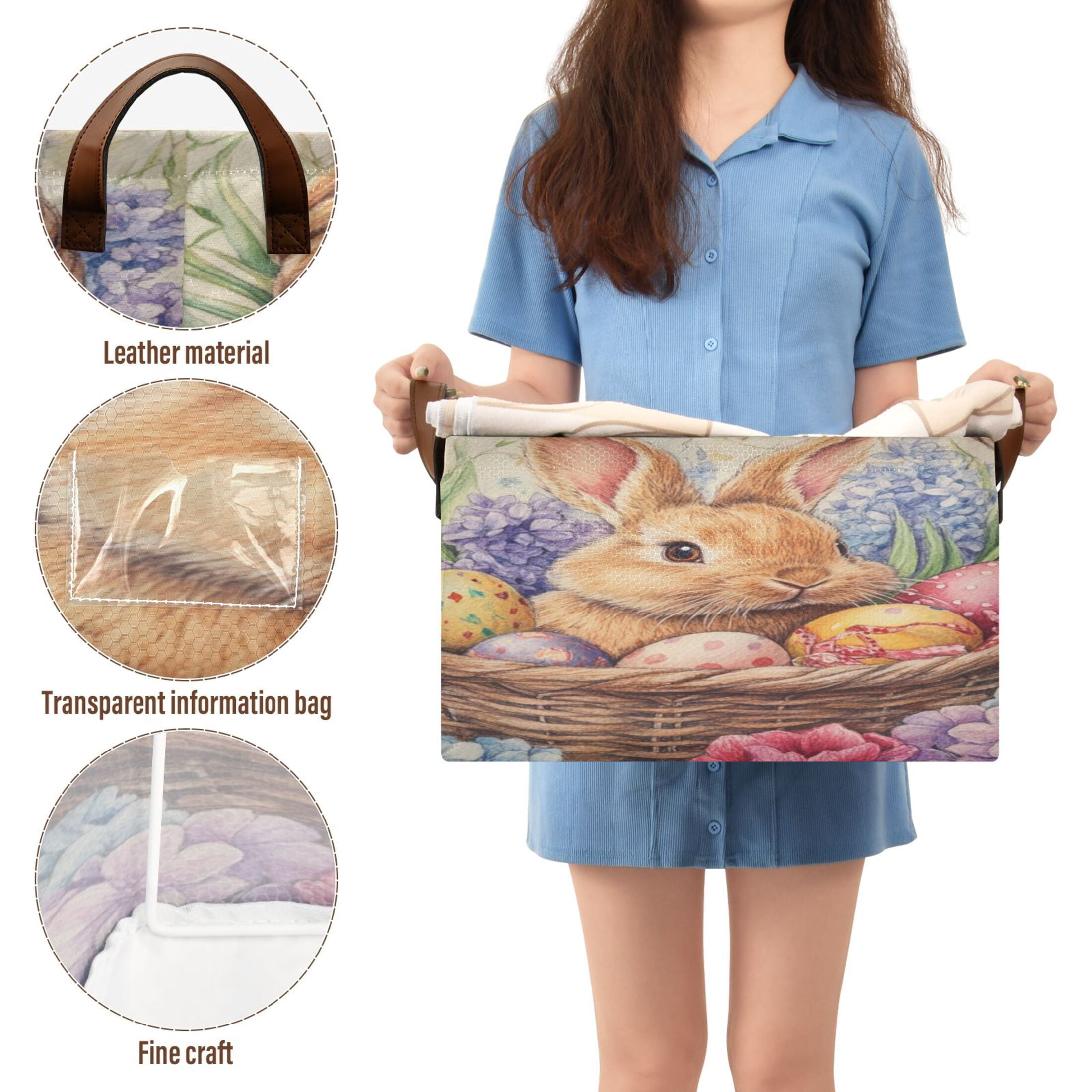 WOBOGO Easter Bunny Storage Basket 16.9×11.4×10in Collapsible Oversized with Metal Iron Frame Set of 1