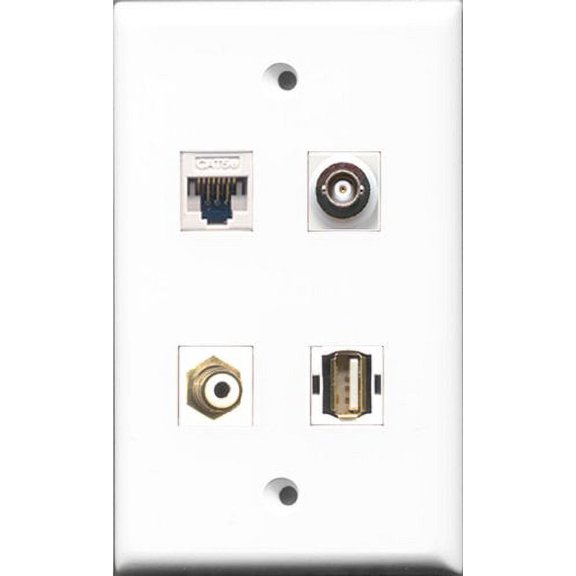 RiteAV - 1 Port RCA White and 1 Port USB A-A and 1 Port BNC and 1 Port Cat5e Ethernet White Wall Plate