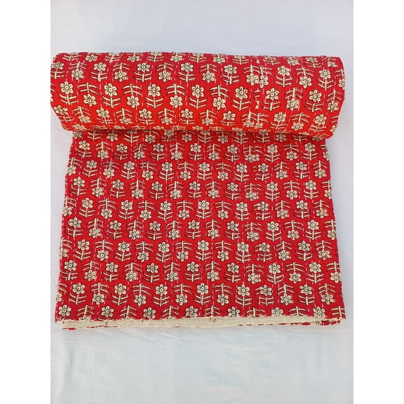 Red Cotton Kantha Quilt, Floral Design Handblocked Print Quilted Bedding Bedspread Twin Size