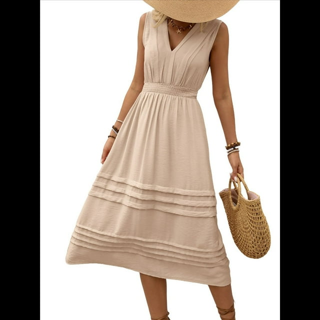 Vestido de Vacaciones para Mujer, Color Liso, Sin Mangas, Cuello en V, Cintura Elástica. Albaricoque L