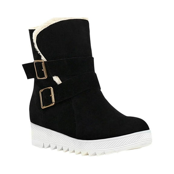 Xfvqtps Womens Ankle Boots Double Buckle Plush Fleece Line Suede Upper Thick Bottom Non Slip Winter Snow Boots Round Toe Fashion Warm Furry Large Size Short Boots Black