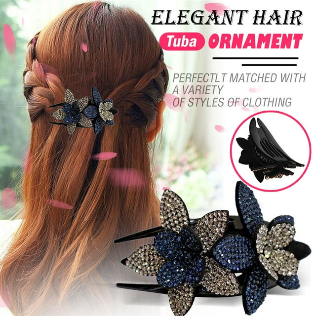 Pince à Cheveux Double Fleur en Strass, Design Flexible et Durable avec Perles pour Femmes, Pince à Cheveux en Polyester L