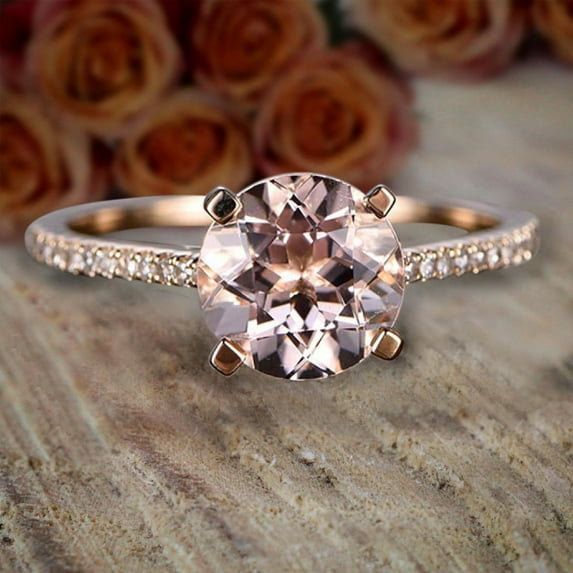 Limited Time Sale: 6mm Round Cut 1.5 Carat Peach Pink Morganite and Diamond Moissanite Engagement Ring with 18k Gold Plating