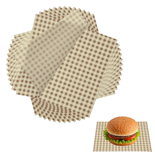 Uxcell 200 Pcs Hojas de Papel encerado para Alimentos, 8.7 x 8.7 Pulgadas, Papel para Envolver a Prueba de Grasa, Forros de Cesta de Alimentos a Cuadros para Sándwiches y Hamburguesas, Marrón