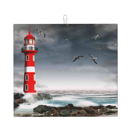 

Vsdgher 3d Lighthouse in the Surf Print Dish Drying Mat Kitchen Counter Mat Dish Drying Pad for Dishes Utensils Pots and Pans 16 x 18
