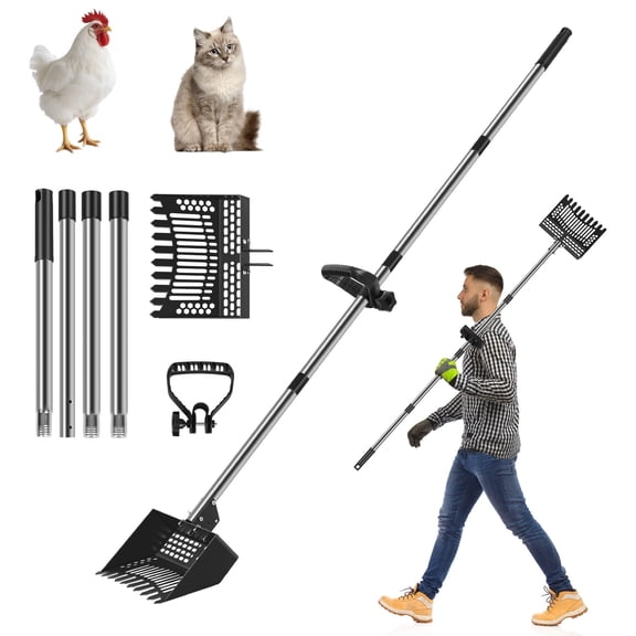 Zoned Sifting Chicken Manure Scoop – Adjustable 3-in-1 Rake, Sifter & Scoop with 28-55 Inch Telescoping Handle for Stand-Up Coop Cleaning, Cat Litter, Beach Sand, Horse Stall