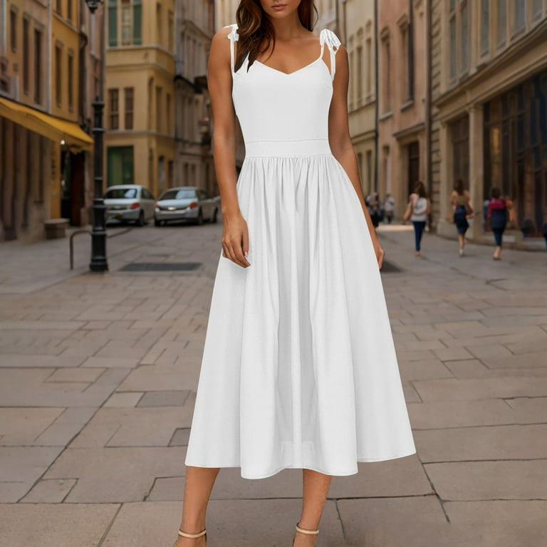 Einccm Women's Vacation Dress, Casual Short Sleeve Crewneck or Backless Tie  Strap V Neck Style, Flowy a Line Silhouette, Lightweight Polyester for  Beach Holiday - Walmart.com