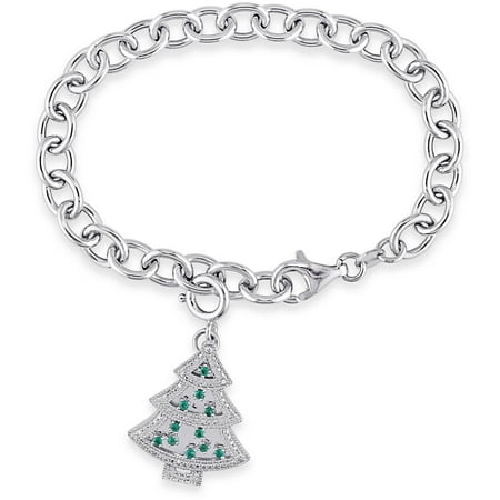 Tangelo 1/6 Carat T.G.W. Created Emerald and Created White Sapphire with Diamond-Accent Sterling Silver Christmas Tree Charm Bracelet, 7.5