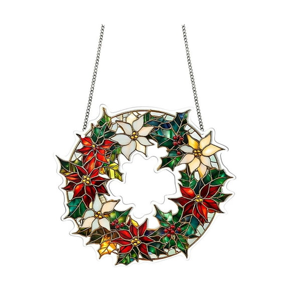 Stained Glass Window Hanging, Sun Catchers Indoor Window, Wreath Christmas, Christmas Home Decor, Festive Gifts for Friends, Neighbor - 8 Inch