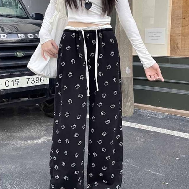Pantalones anchos con estampado de Hello Kitty estilo americano, pantalones casuales holgados de cintura alta de otoño para mujer, pantalones rectos de tendencia de versión coreana