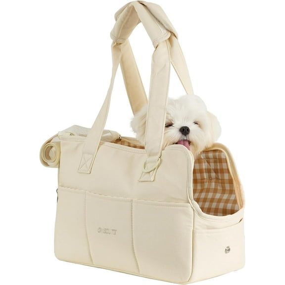 Dog Carrier for Small Dogs Rabbit cat with Large Pockets, Cotton Bag, Dog Carrier Soft Sided, Collapsible Travel Puppy Carrier (Beige, 13.5" L x 6.5" W x 10" H)