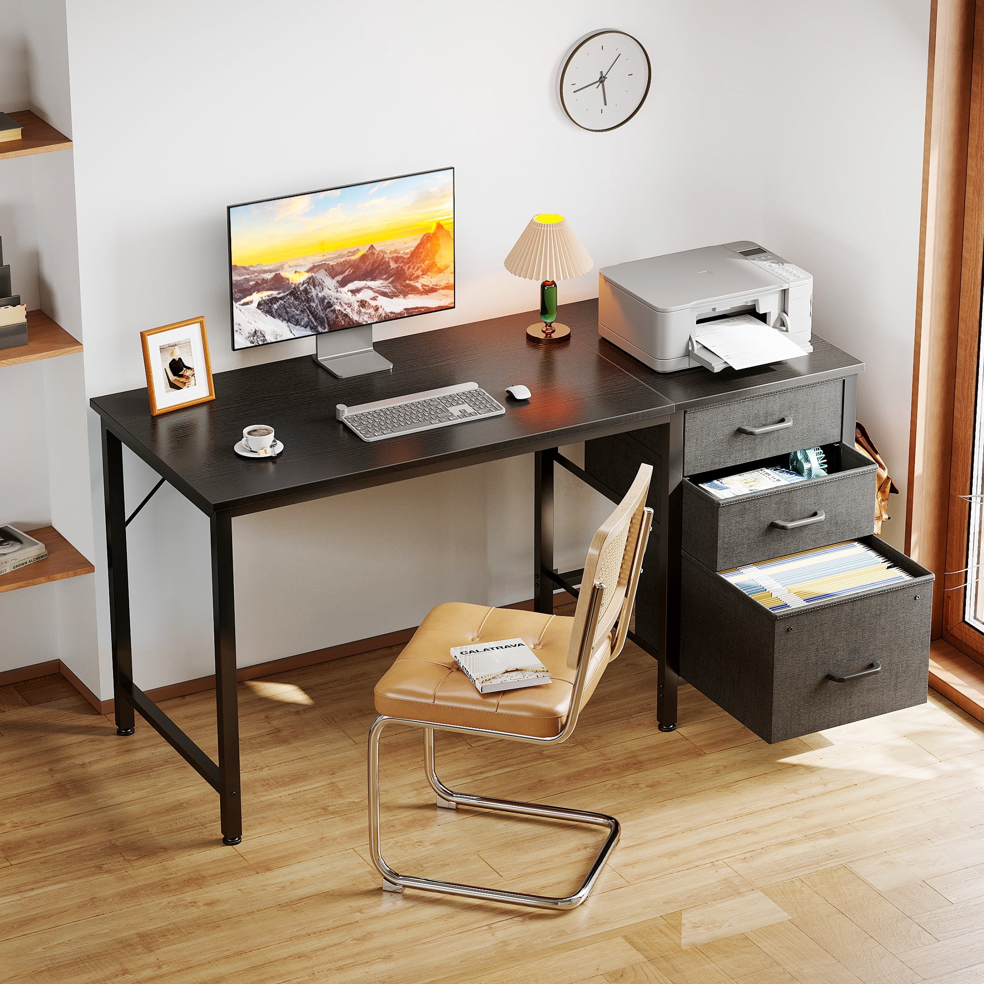 48 inch Computer Desk with 3 Fabric Drawers, Home Office Desk with File Cabinet, Writing Desk for Work and Study, Black