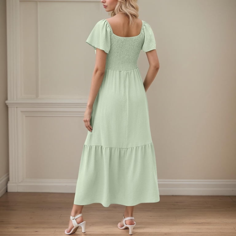 HJYCHN Elegant Women's Casual Maxi Dress with Square Neckline Flutter Sleeves Smocked Waist and Convenient Side Pockets for Everyday Comfort Light Green S