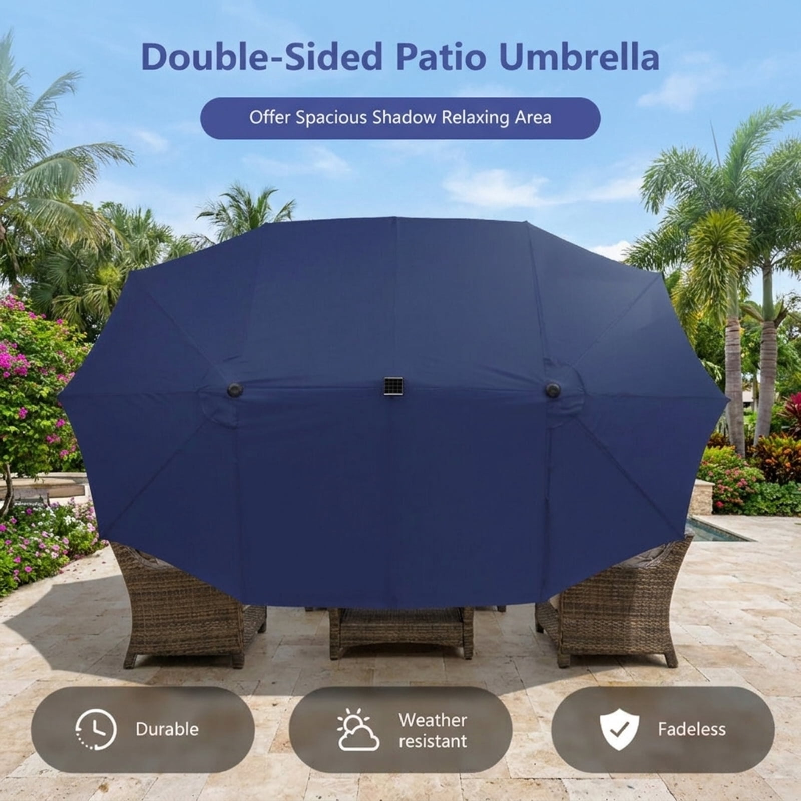 Biotree 15 ft Double-Sided Twin Patio Umbrella Solar LED Lights Outdoor Shade - Blue - UV Protection