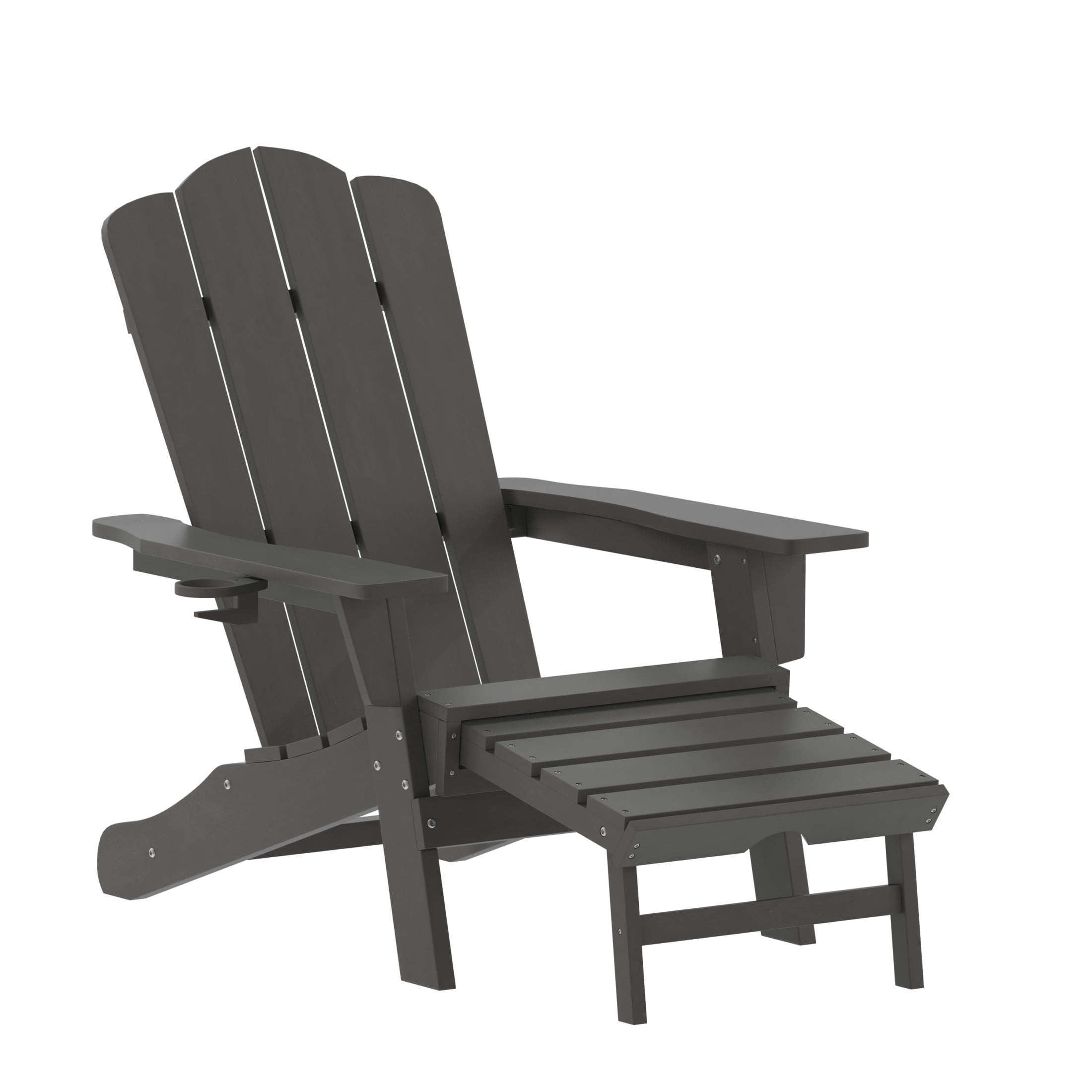BizChair HDPE Adirondack Chair with Cup Holder and Pull Out Ottoman, All-Weather HDPE Indoor/Outdoor Lounge Chair in Gray