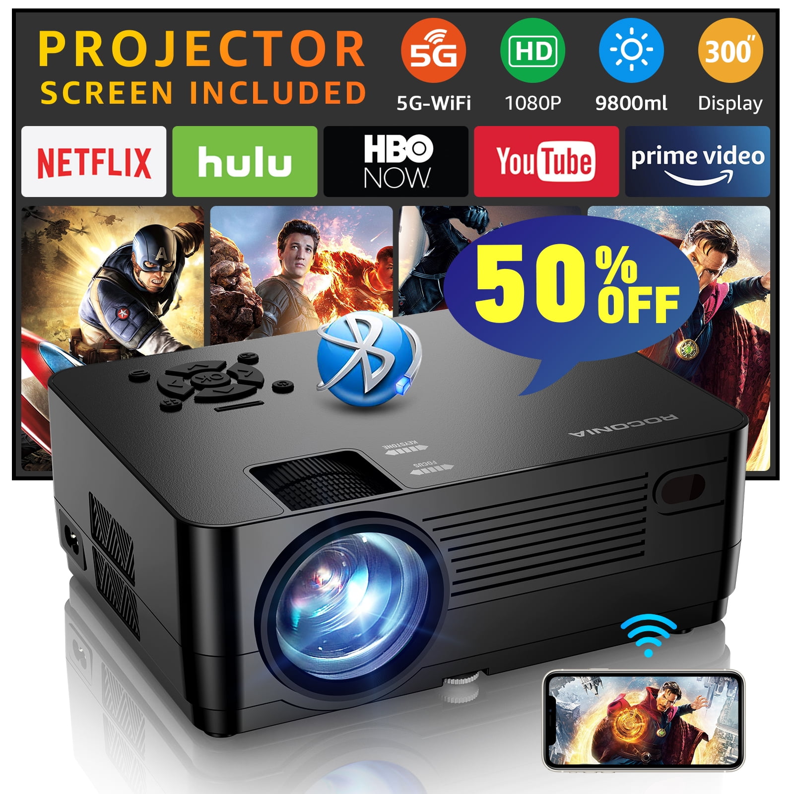 ROCONIA 5G WiFi Bluetooth Native 1080P Projector, 9800LM Full HD Movie Projector, LCD Technology 300" Display Support 4k Home Theater,(Projector Screen Included)