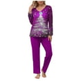 thumbnail image 2 of Sriper Lounge Sets for Women Family Christmas Pajama Cotton Long Sleeve Tops Tree Printed Comfy V-Neck Shirt Soild Color High Waisted Long Pants Ladies Loungewear Homewear Pjs Matching Clothes, 2 of 5