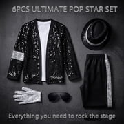 Pop Super Star Costume 5pcs Set, 80s Retro Black Sequin Jacket Trousers Hat Glove, Stage Outfit Halloween