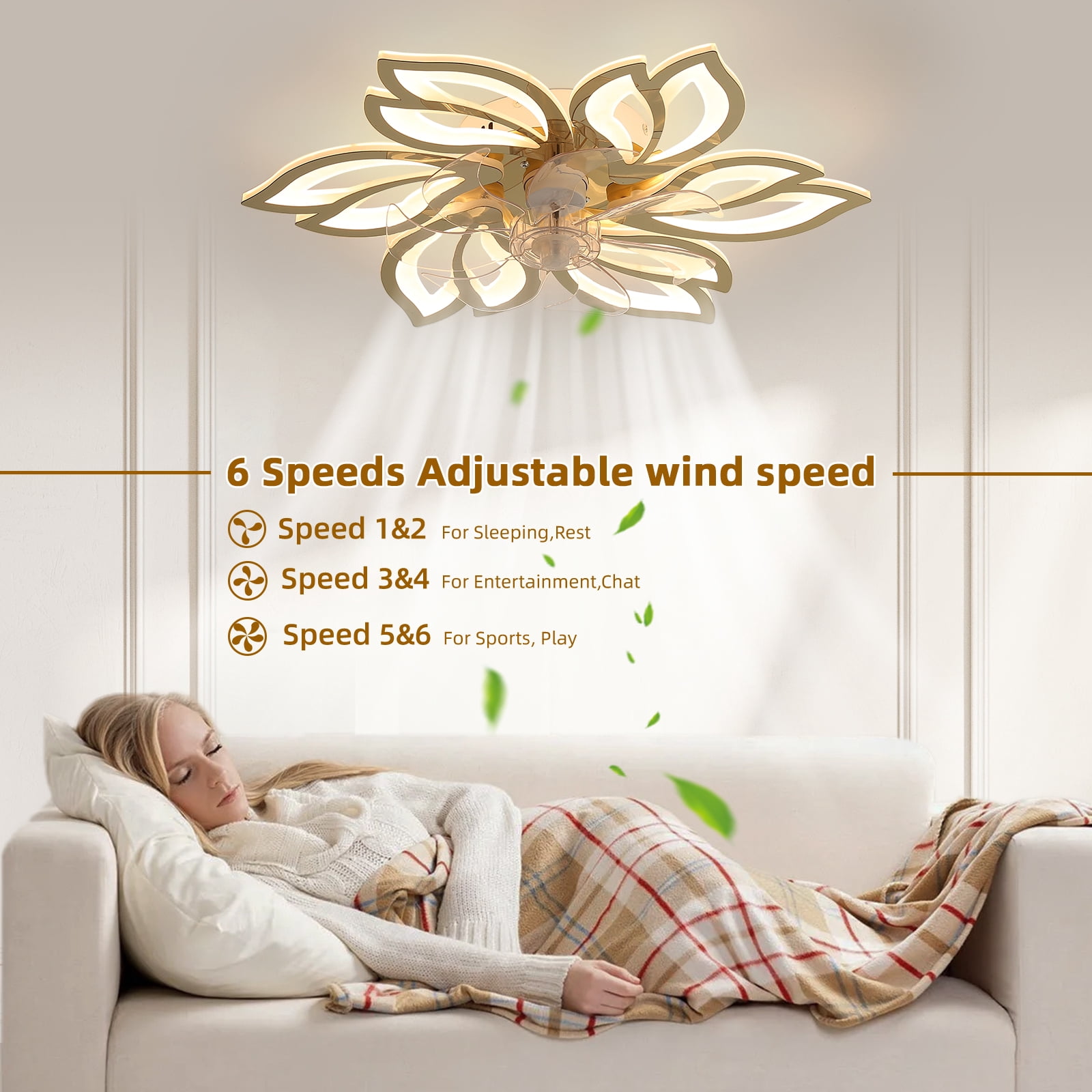 Eowynic 25.5 Inch Flower Shape Modern Flush Mount Bladeless Ceiling Fans with Led Lights Chandelier APP & Remote Control, DC Motor, 6 Speed, Gold