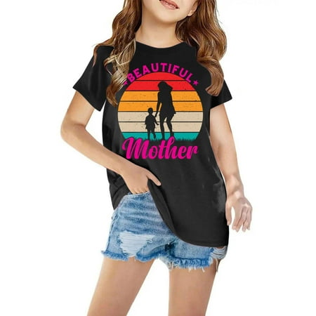AJTQTH Beautiful Mother s Day Print T-Shirts Kids Boys Girls Summer Short Sleeve Casual Round Neck Funny Shirts Loose Fit Trendy Holiday Gift Tees Tops Black 7 Years