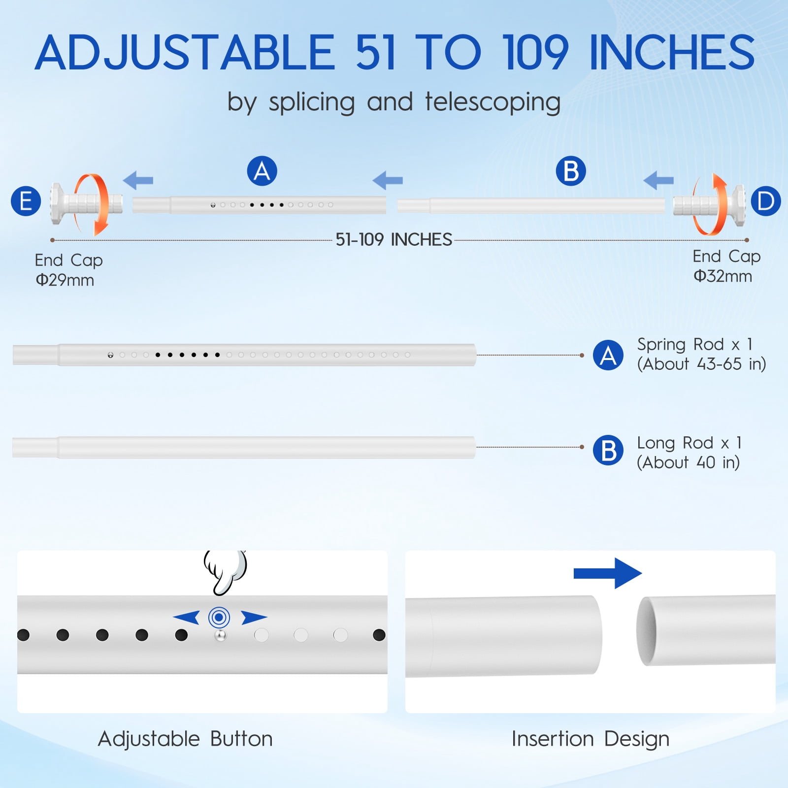 GIRACOA 2-in-1 Adjustable Curtain Rod, No Drill Tension & Screw Mount, Octagon Anti-Slip Base, Holds 40 lbs, Rust-Resistant for Bathroom Bedroom Living Room Patio (51-109 Inch, White)