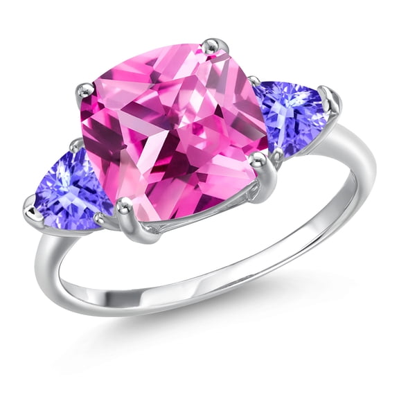 Gem Stone King 10K White Gold Pink Created Sapphire and Blue Tanzanite Engagement Ring for Women | 5.60 Cttw | Cushion 10MM | Gemstone September Birthstone | Size 9