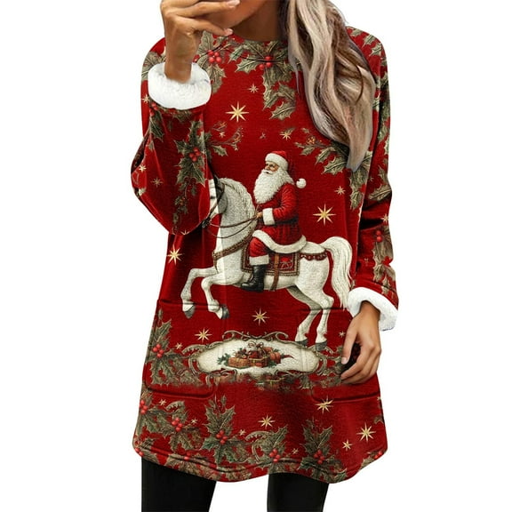 Hanen Womens Christmas Round Neck Sweatshirt Boutique Top Long Sleeve Printed Shirt Dress Loose Fit Pullover Tops with Pockets Holiday Tunic Dress