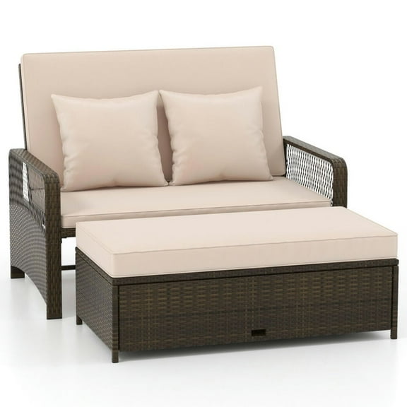 Demifill Patio Adjustable Wicker Daybed with 4-Level Backrest and Soft Cushions, Outdoor Sectionals, Beige