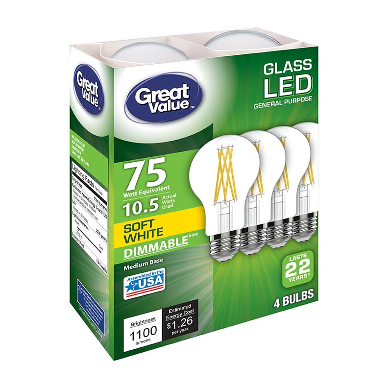 Great Value LED 9-Watt (75W Replacement) Soft White General Purpose A19 Light Bulbs, 4pk