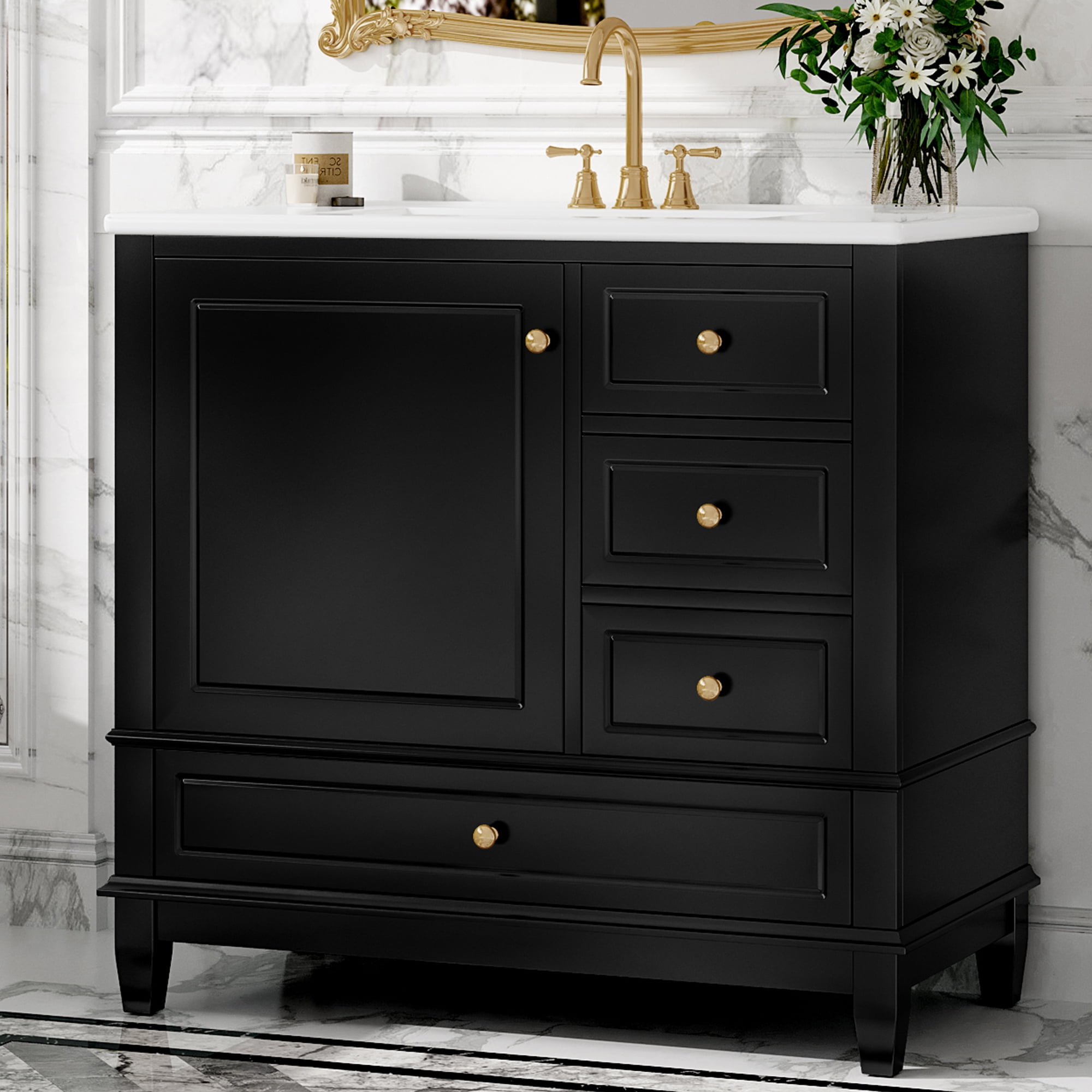 Euroco 36" Bathroom Vanity with Ceramic Sink, Multi-Size Drawers, Cabinet Storage & Iron Hardware, Freestanding Design