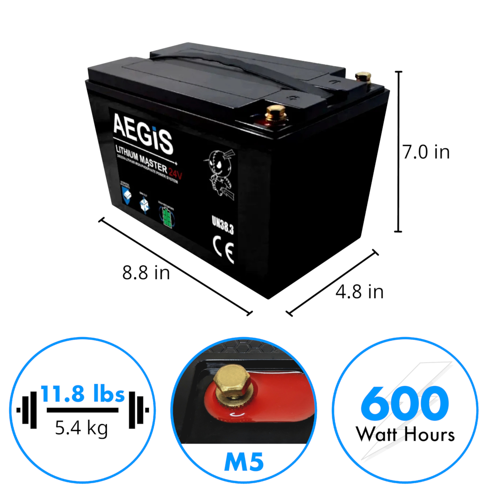 Aegis Battery 24v 25ah LiFePO4 Deep Cycle Battery