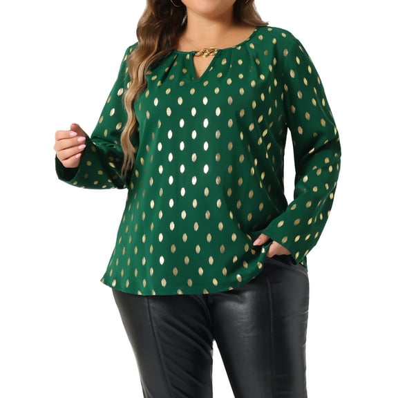 Agnes Orinda Women's Plus Size Metallic Shiny Dots Shirt V Neck Long Sleeve Blouse Gilding Sparkly Tops 1X Green