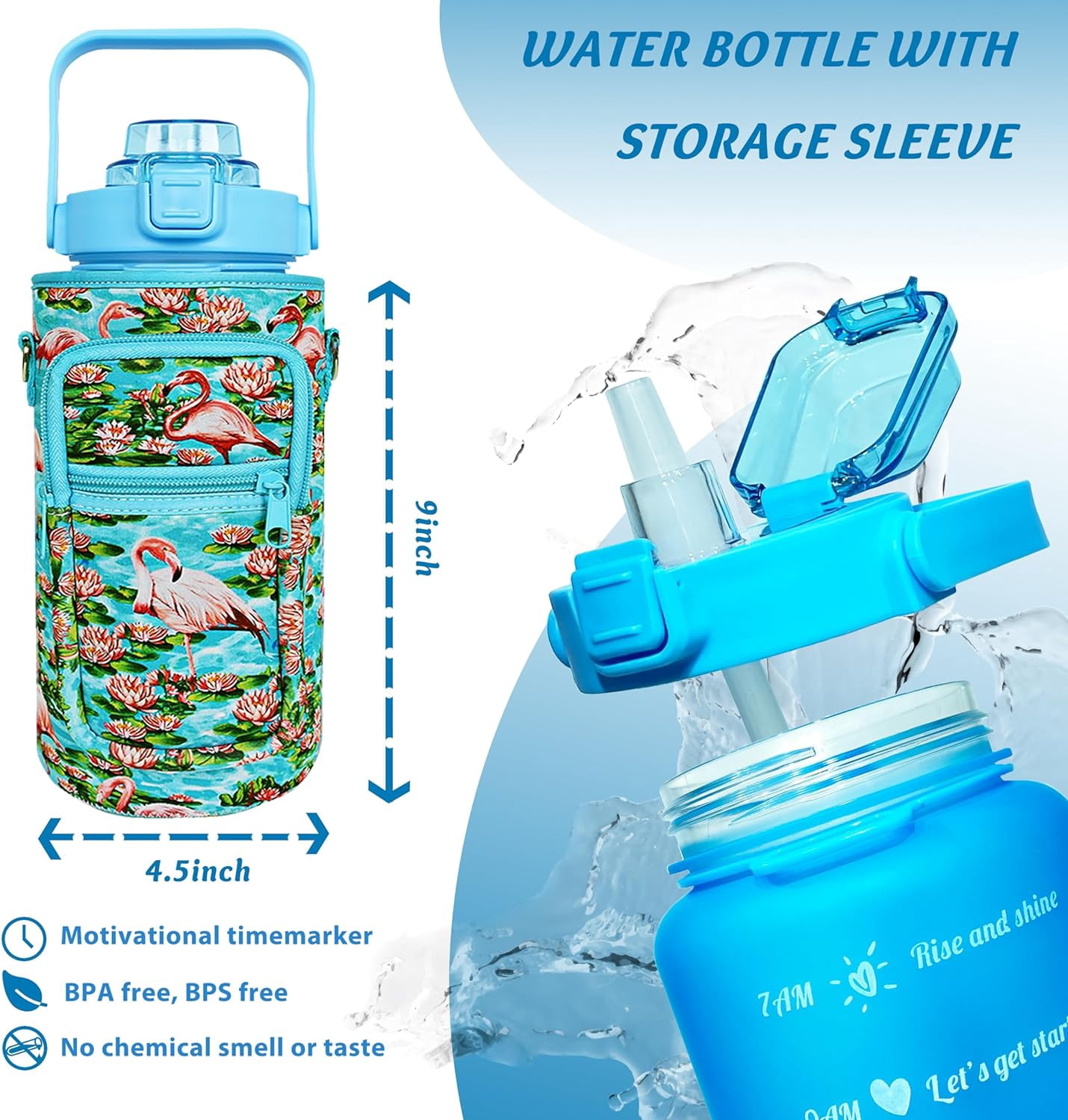64 oz Water Bottle with Straw Sleeve & Strap Motivational BPA Free Half Gallon Water Jug with Handle for Gym Women Men Aesthetic Water Bottle with Strap Flamingo