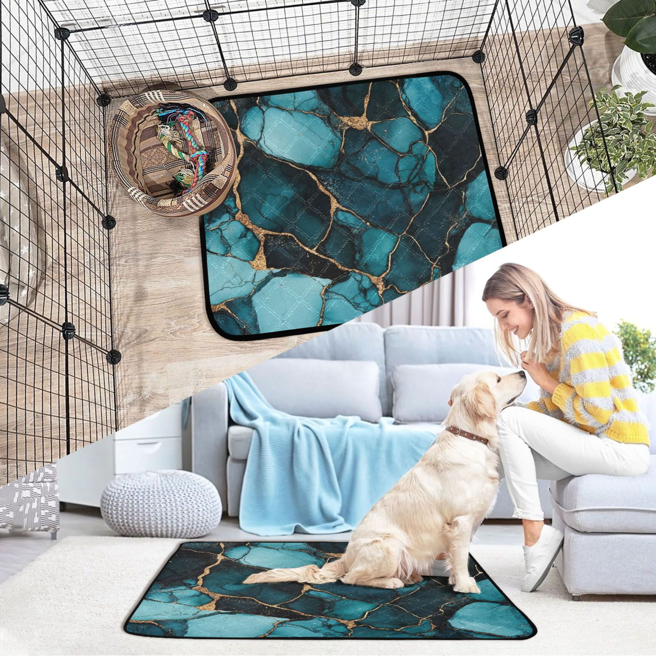 Qxltty Dark Green Gild Marble Cat litter Pads Pet Set of 2 Diaper Mats Center Anti-leakage Layer Absorbent Soft and Comfortable