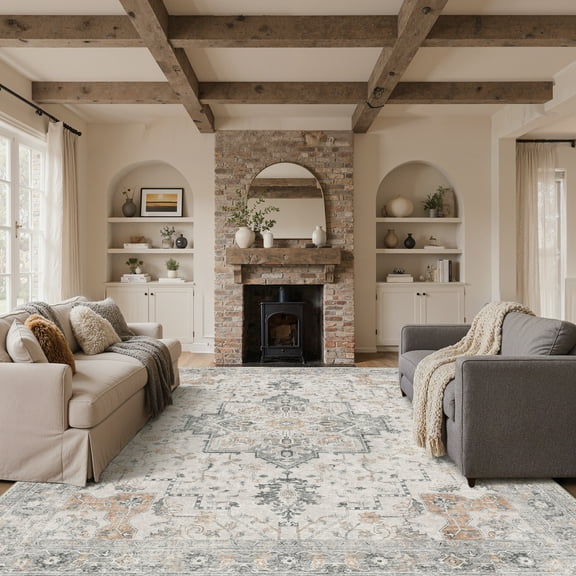 KUETH 9x12 Area Rugs for Living Room, Non Slip Machine Washable Retro Rugs, Ultra-thin Print Rug for Bedroom, Dining Room, Home Office.