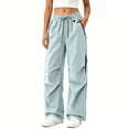 thumbnail image 5 of CLOISE Women's Cargo Pants with Pockets Drawstring Waterproof Mid Waist Straight Leg Long Pants Elastic Waist Solid Baggy Vacation Outfits Light Blue XL, 5 of 5