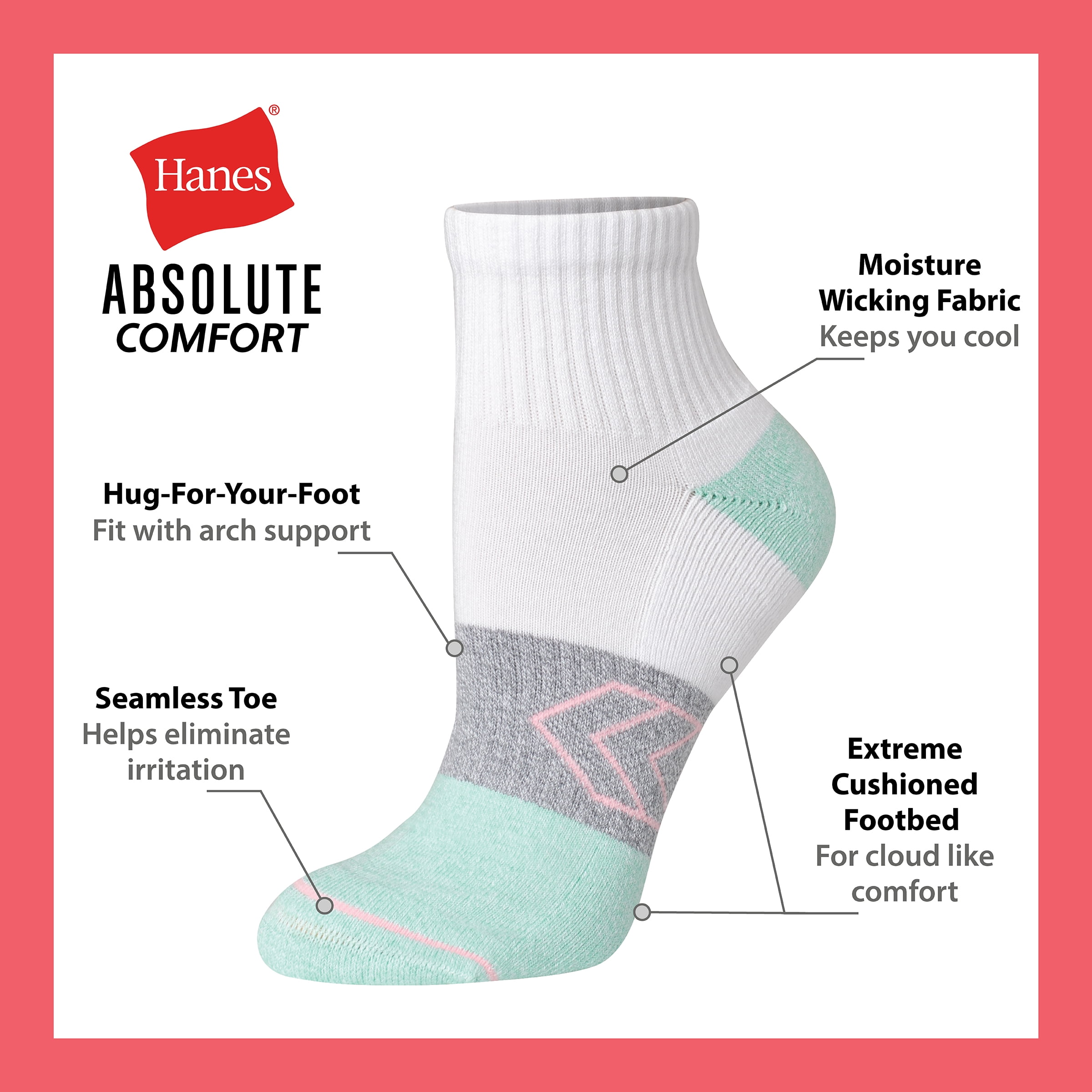 Hanes Women's Ankle Socks, Absolute Comfort, 4-Pack, Size 5-9