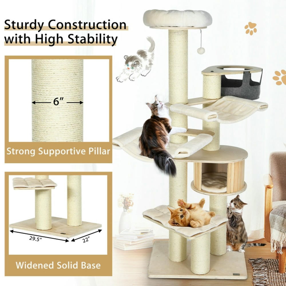 YYAo Large Cat Tree, Luxury Cat Tower Cat Condo, Cat Play House, 77.5-Inch Cat Tree Condo Multi-Level Kitten Activity Tower with Sisal Posts-Cream White