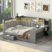 Euroco Wood Full Size Daybed with Storage Desk and Shelves, Bed with Upholstered Headboard and Backrest, LED Light, USB Ports and Drawers, Gray