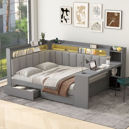 Euroco Wood Full Size Daybed with Storage Desk and Shelves Bed with Upholstered Headboard and Backrest LED Light USB Ports and Drawers Gray