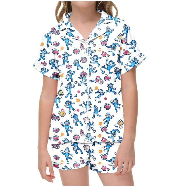 Odeerbi 2-12 Años Niños Niñas Pijamas de Verano de Satén Con Solapa de Muesca Camisas de Manga Corta Pantalones Cortos Conjunto de Pijama de Seda Con Estampado Suave