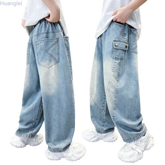 Huanglei Boys Stretch Fit Denim Pants Straight Leg Casual Trousers With Pockets Elastic Waist For Kids And Big Boys ,Back To School Boys Jeans /Size 5-6 Years(Light Blue)