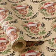 RUSPEPA Kraft Christmas PresNok Wrapping Paper Roll for Boys Mini Roll, Adorable Cow with Santa Hat and Wreath Design, Kraft Gift Wrap for Holiday, Farmhouse Rustic Party, 17 Inches x 16.4 Feet