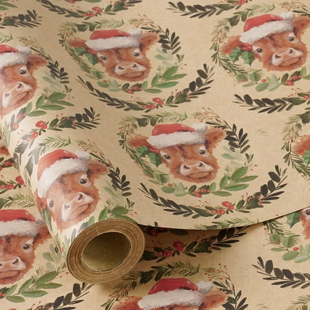 RUSPEPA Kraft Christmas PresNok Wrapping Paper Roll for Boys Mini Roll, Adorable Cow with Santa Hat and Wreath Design, Kraft Gift Wrap for Holiday, Farmhouse Rustic Party, 17 Inches x 16.4 Feet