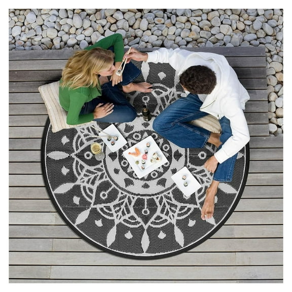 Keeomi Round Outdoor Rug 5'x5' Outdoor Plastic Straw Rug, Plastic Camping Rugs, Straw Rug Indoor Outdoor Rugs Carpet for RV, Deck, Balcony, Porch, Picnic, Beach, White & Black